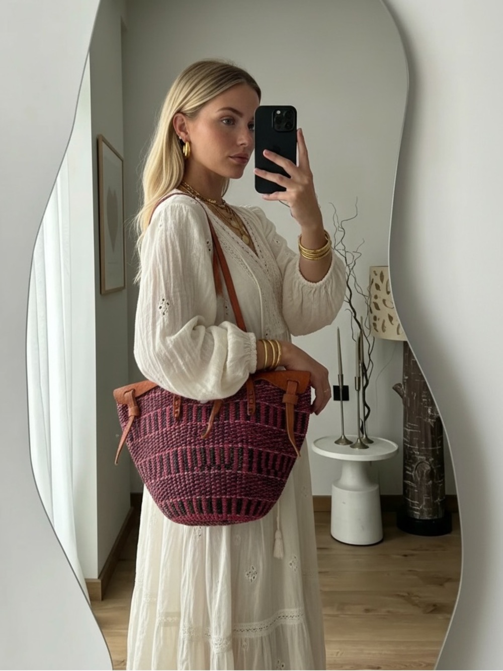 Vintage Boho African Kiondo Woven Sisal Bucket Bag with Tooled Leather Trim